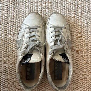 Golden Goose Cream and Gray Superstar Sneakers